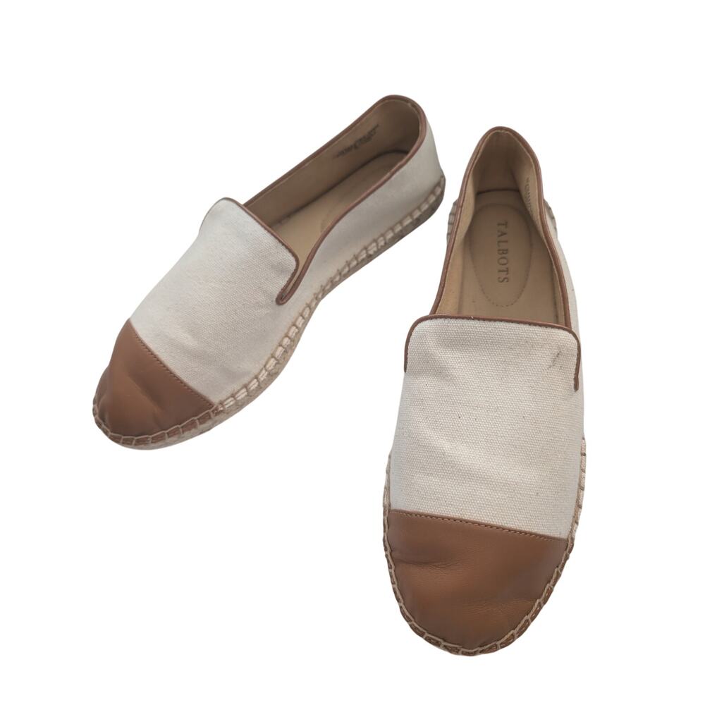 TALBOTS! CREAM CANVAS & BROWN LEATHER ESPADRILLE STYLE FLATS, LOAFERS! SIZE 9M
